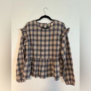 Navy and Tan Ruffle Shoulder Top